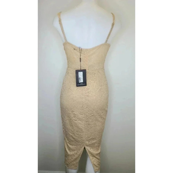 PrettyLittleThing Stone Shape Lace Mesh Stripe Midi Dress Tan Beige Bodycon 8 - Picture 7 of 15